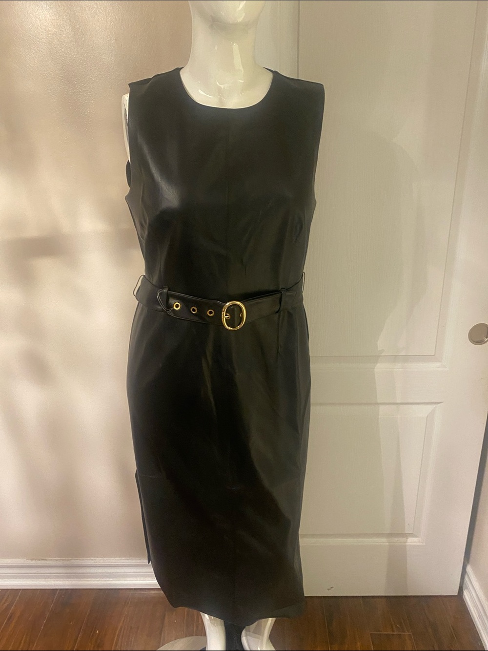 Michael Kors Black Faux Leather Sleeveless Sheath Dress with Gold Buckle Belt XL